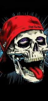 Graphic skull art with a red cap and blue highlights.