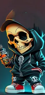 Cool skull character in hoodie with neon art style on mobile wallpaper.