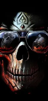 Skull wearing sunglasses with dark fiery background.