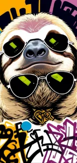 Sloth wearing sunglasses in graffiti art with colorful urban background.