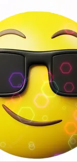 Smiling emoji with sunglasses and colorful hexagon lights.