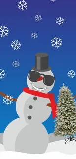 A snowman with sunglasses and snowflakes on a blue background.