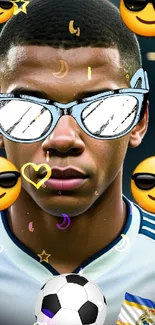 Soccer player with sunglasses and emojis on wallpaper.