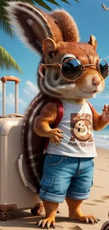 Squirrel with sunglasses on beach, suitcase nearby.