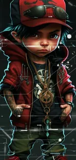 Animated streetwear character with red jacket and hat.