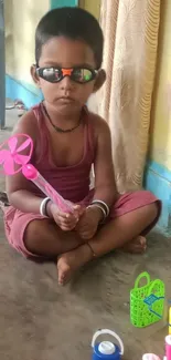 Child wearing sunglasses holding a pink toy, seated on colorful floor.