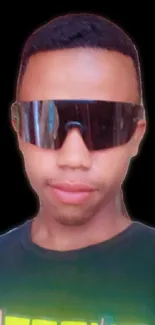 Young adult wearing futuristic sunglasses on a black background.