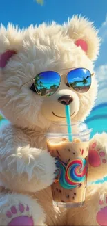 Teddy bear with sunglasses enjoying iced coffee by the beach.