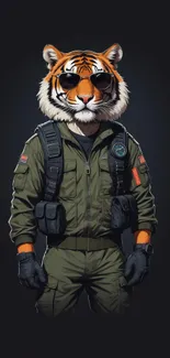 Stylized tiger in pilot attire with sunglasses on a dark background.