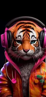 Mobile wallpaper of a stylish tiger with headphones and a colorful jacket on a black background.