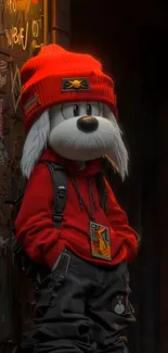 Cartoon dog in streetwear with a red beanie against a graffiti wall.