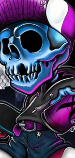 Urban skull art wallpaper with blue and purple colors.