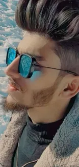 Stylish man in sunglasses with snowy background.