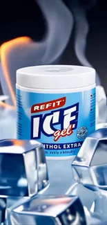 Ice gel product with icy and fiery elements in focus.