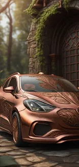 Copper car in a mystical forest setting, perfect for fantasy wallpaper.