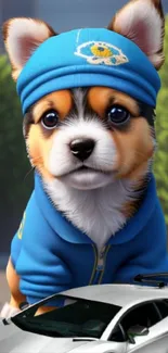 Cute corgi puppy in a blue hoodie with a car, perfect mobile wallpaper.