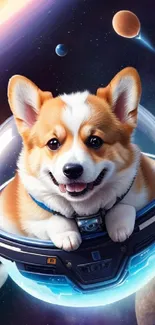 Corgi astronaut floating in space with planets.