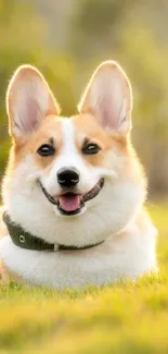 Cute corgi lying in a sunlit green field, looking joyful and relaxed.
