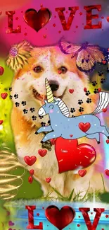 Whimsical corgi with hearts, unicorn, and butterflies on a vibrant wallpaper.