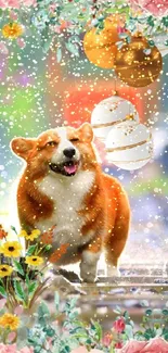 Happy corgi on a floral railway with vibrant greenery and whimsical art.