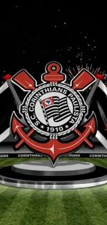 Corinthians emblem black background mobile wallpaper with vibrant red highlights.