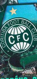 Coritiba FC logo with stadium aerial view.