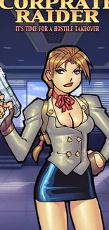 Animated female character in futuristic office setting, holding a futuristic device.