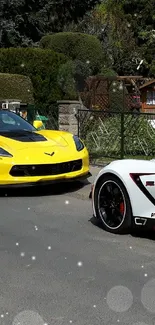 Two vibrant Corvettes in a scenic drive setting.