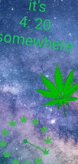 Cosmic wallpaper with cannabis leaf and 4:20 clock theme against starry galaxy.