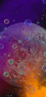 Vibrant cosmic wallpaper with purple and orange hues, featuring planets and starry skies.