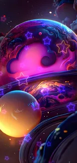 Abstract cosmic themed mobile wallpaper with vibrant colors and spheres.