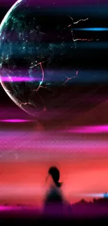 Abstract cosmic wallpaper with dark planet and vibrant pink glow.