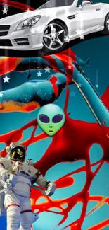 Astronaut and alien on a vibrant, cosmic fantasy wallpaper.