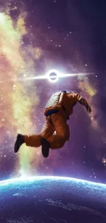 Astronaut floating in space with nebula background.