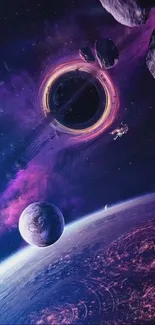 Astronaut near a black hole in space with planets, in cosmic purple tones.