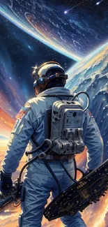 Astronaut gazing into the vast cosmic landscape, exploring space.