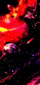 Vibrant cosmic wallpaper with red space elements and asteroids.