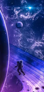 Astronaut navigating vibrant cosmic rings in deep space wallpaper.