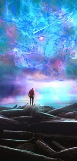 Man stands under a colorful, cosmic sky.