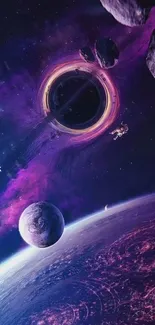 An astronaut floats near a black hole surrounded by cosmic debris and planets.