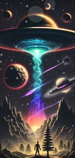 Futuristic UFO with planets and cosmic landscape wallpaper.