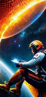 Astronaut on Earth with vibrant cosmic backdrop and orange celestial elements.