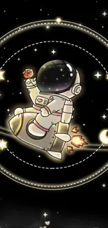 Cartoon astronaut and rocket in space with stars.