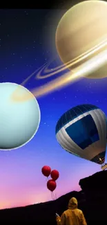 Wallpaper with planets, balloons, and a vibrant blue sky.