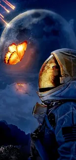 Astronaut watches glowing butterfly by the moon in a cosmic scene.