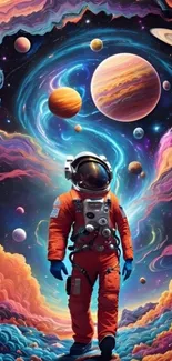 Vibrant space wallpaper with astronaut and planets.
