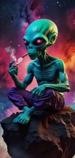 Alien smoking amidst colorful cosmic background.