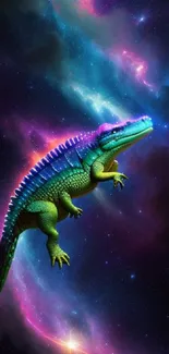 Neon alligator in a cosmic space background with starry sky and vivid colors.