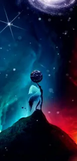 Angel holding a planet with cosmic background in vibrant colors.