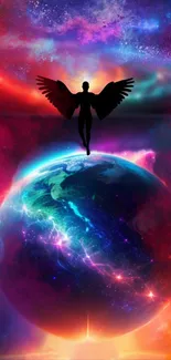 Colorful cosmic wallpaper with angel over Earth, vibrant and celestial.